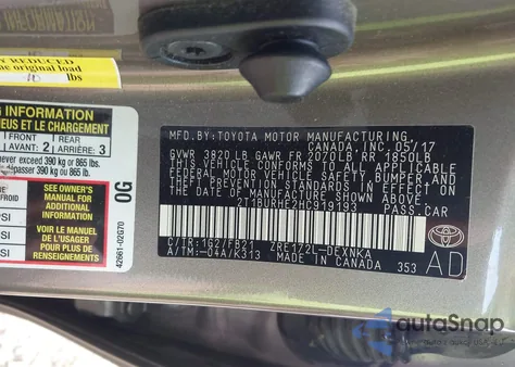 2017 Toyota Corolla Le z USA, uszkodzony, nr VIN 2T1BURHE2HC919193